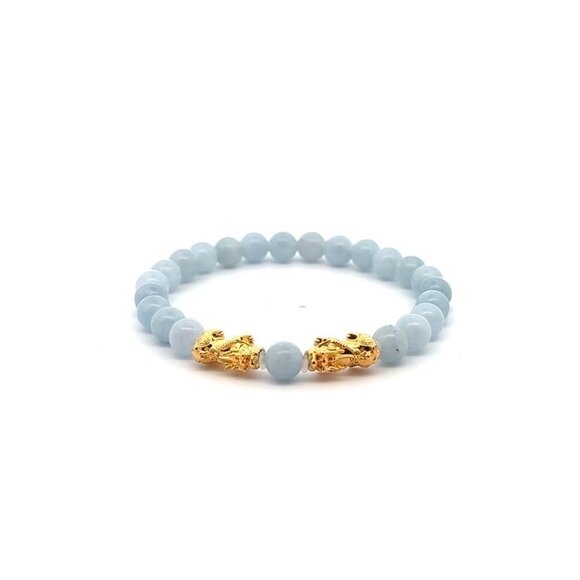 18K Gold Dragon Pixiu Double Piyao Charm Bracelet Gemstone March Birthstones 6mm - Picture 6 of 8